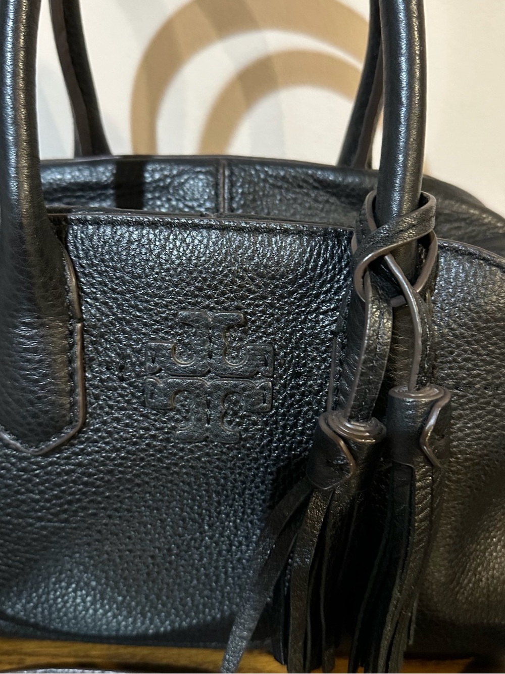 Tory Burch Black Pebbled Leather Tassel Handbag